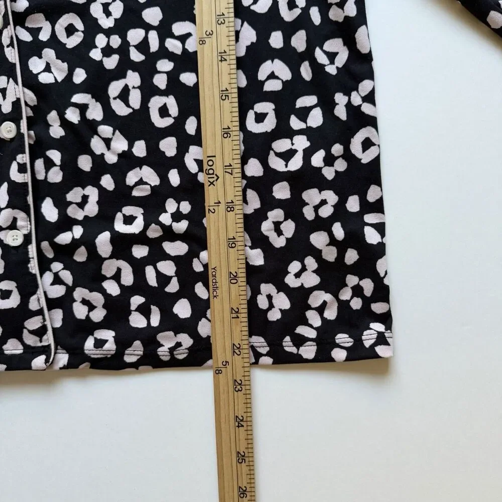 Kate Spade NY Pajama Set XL Black Pink Leopard Print 2 Pc Long Sleeve